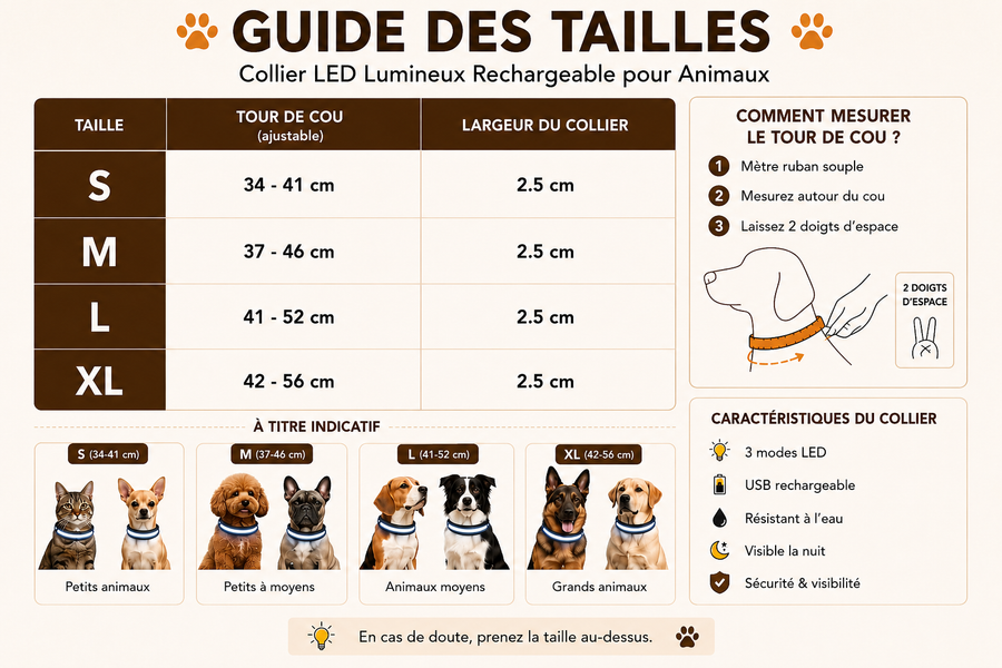 Guide des tailles du collier LED rechargeable pour animaux, du S au XL