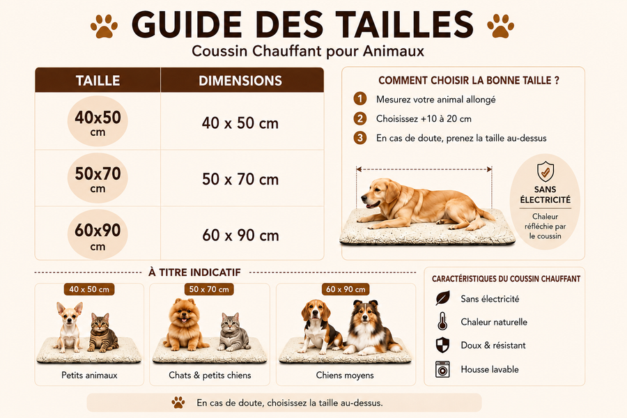 Guide des tailles du coussin chauffant pour animaux, de 40 × 50 à 60 × 90 cm