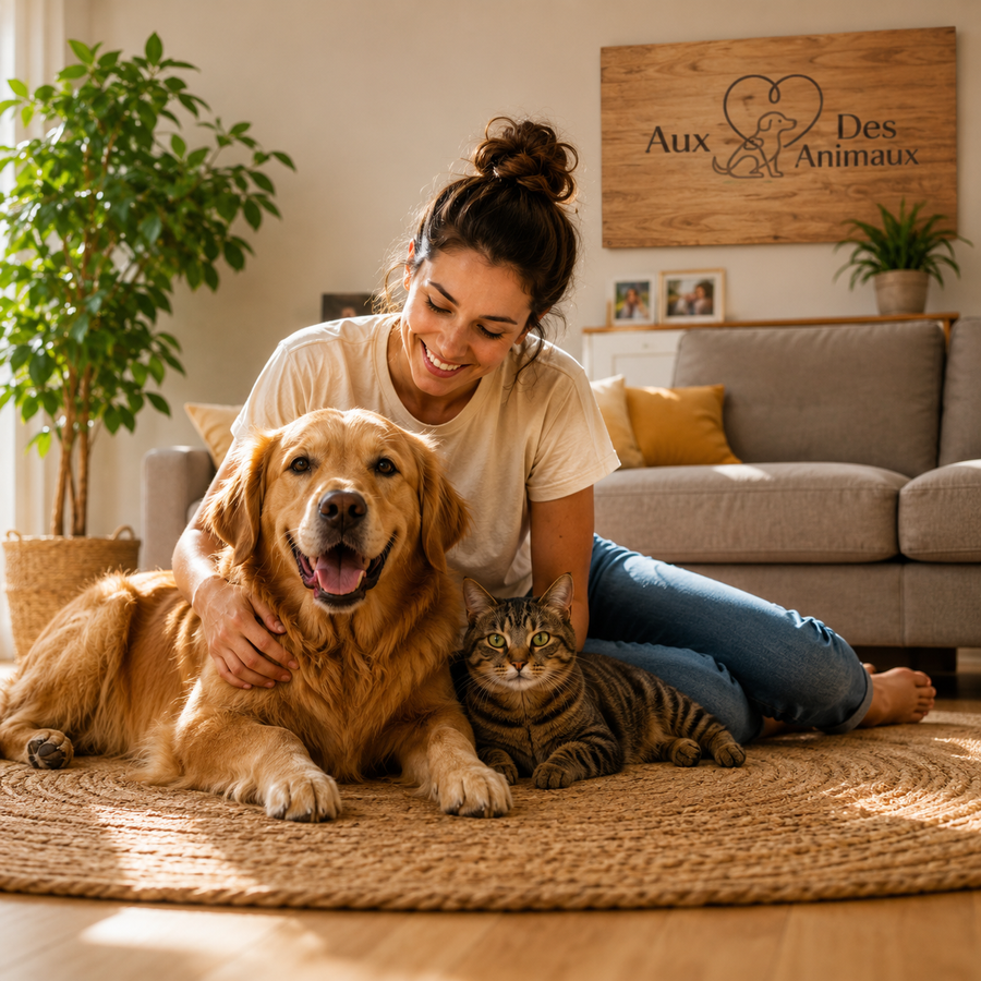 Femme avec un chien et un chat dans un intérieur chaleureux